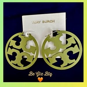 🆕Tory Burch Authentic Military Green Double T Matte Painted Large Hoop Earrings